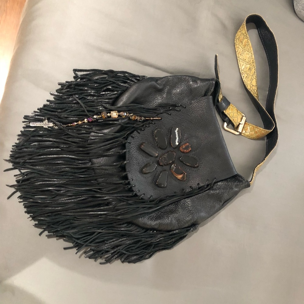 Handmade black leather fringe purse